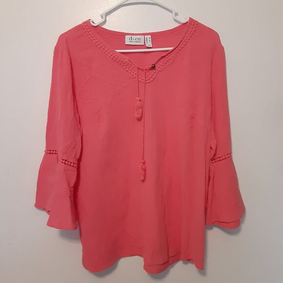 Denim & Co Top Womens M Pink Tassel 3/4 Ruffled Sleeve V Neck - Picture 1 of 7